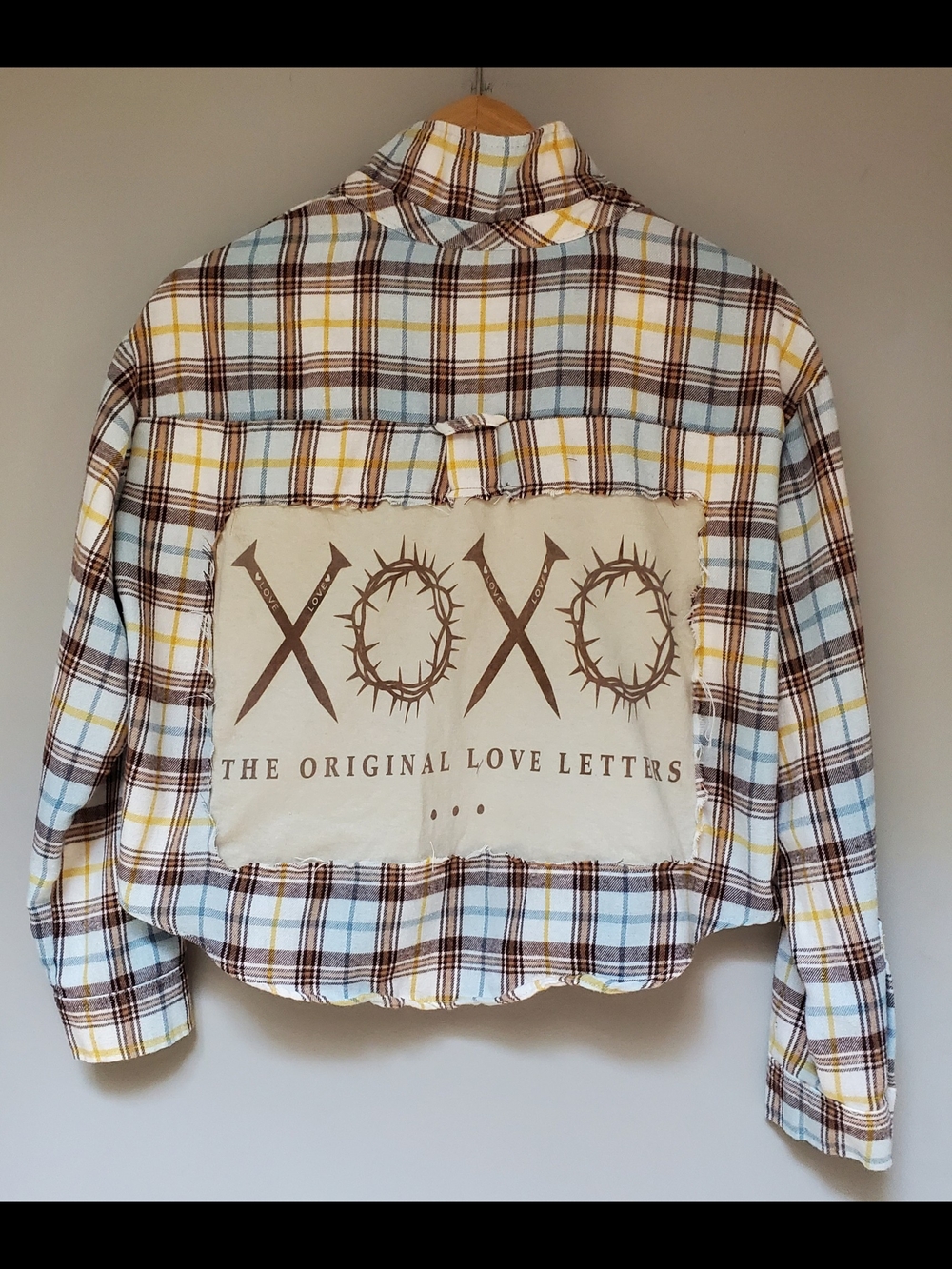 Upcycled Plaid Flannel Shirt Jacket with XOXO Back Patch - Yellow/Blue/Brown